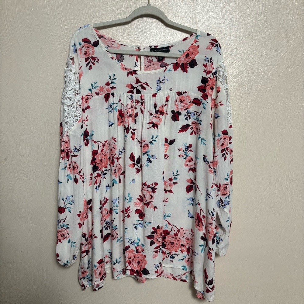 Lane Bryant Women's Shirt Blouse Floral Print Lace White‎ Red Roses Size 22/24